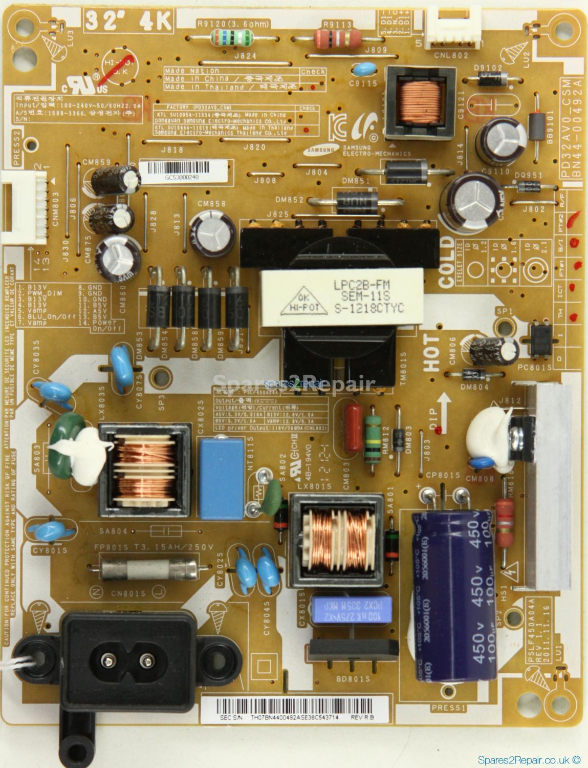 Samsung UE32EH4000W - Power Supply - BN44-00492A - REV 1.1 - PSLF450A04A - SU10444-11019 - PD32AV0_CSM